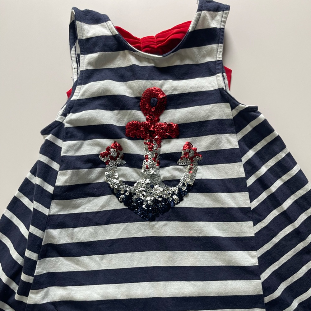 Source Unknown Navy and White Striped Dress with Red and Silver Anchor